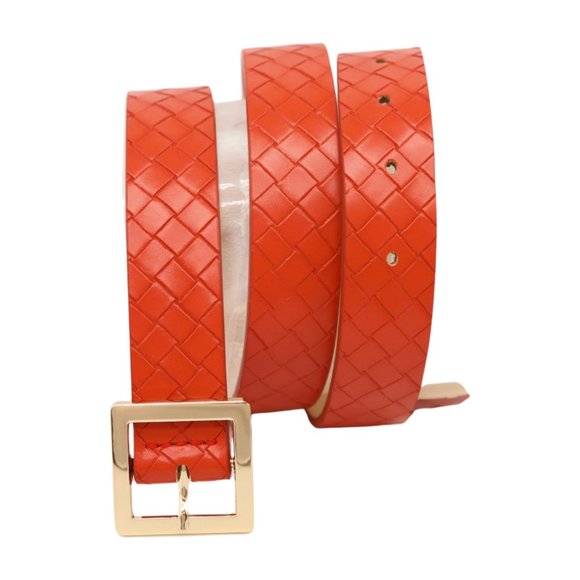 Women Orange Color Basket Weave Skinny Belt Gold Metal Square Buckle Size S M - Picture 14 of 17